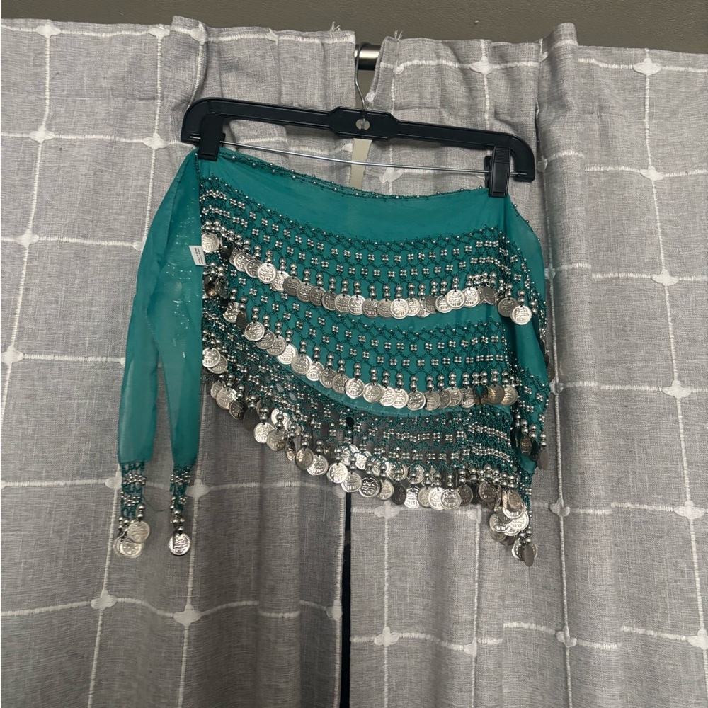 Teal Belly Dance Hip Scarf with Silver Coins
